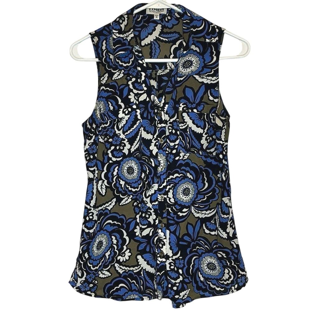 Express Portofino Shirt XS Blue Floral Sleeveless Button Front Blouse